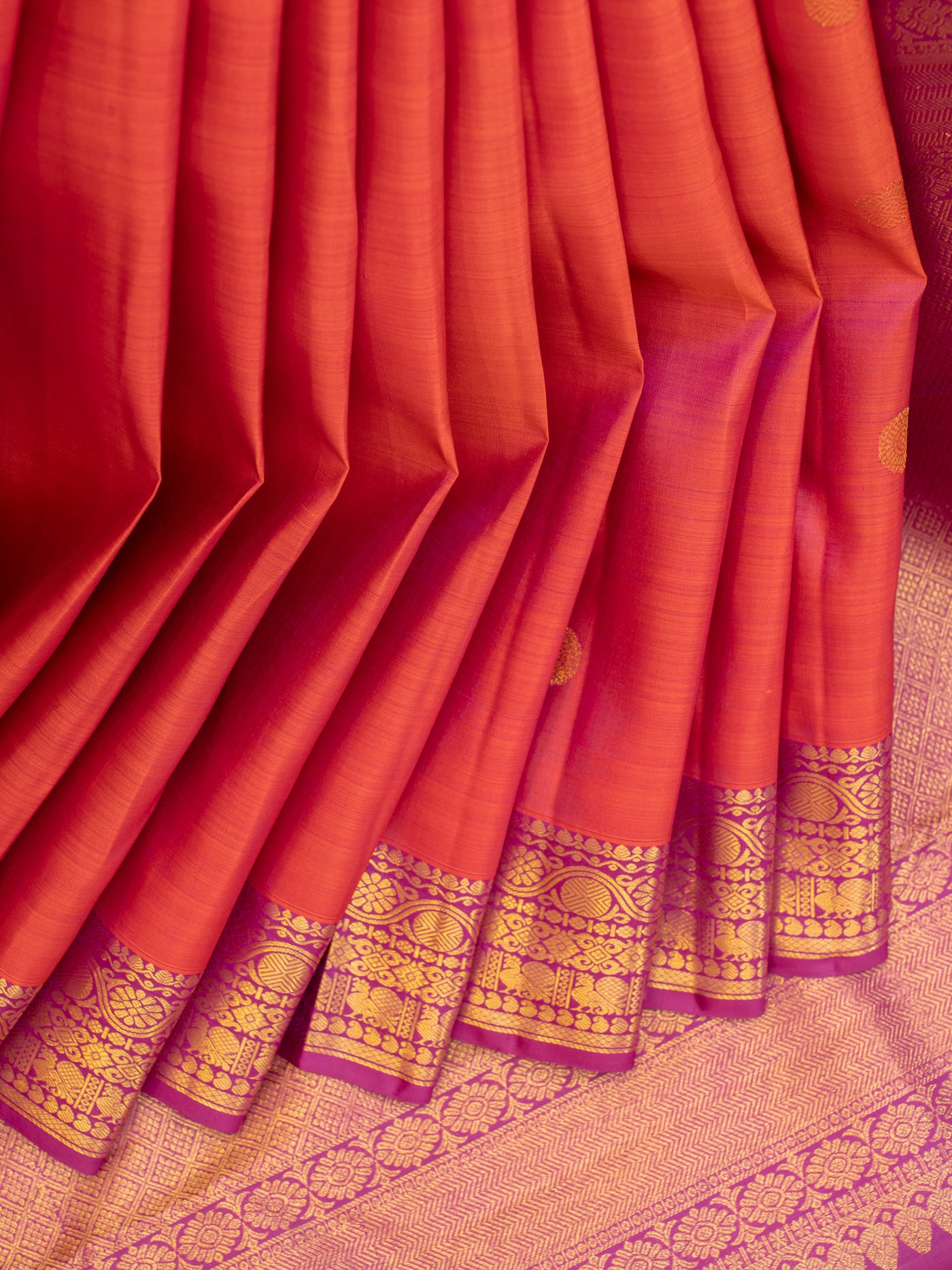 Peach orange small border pure Kanchipuram silk saree