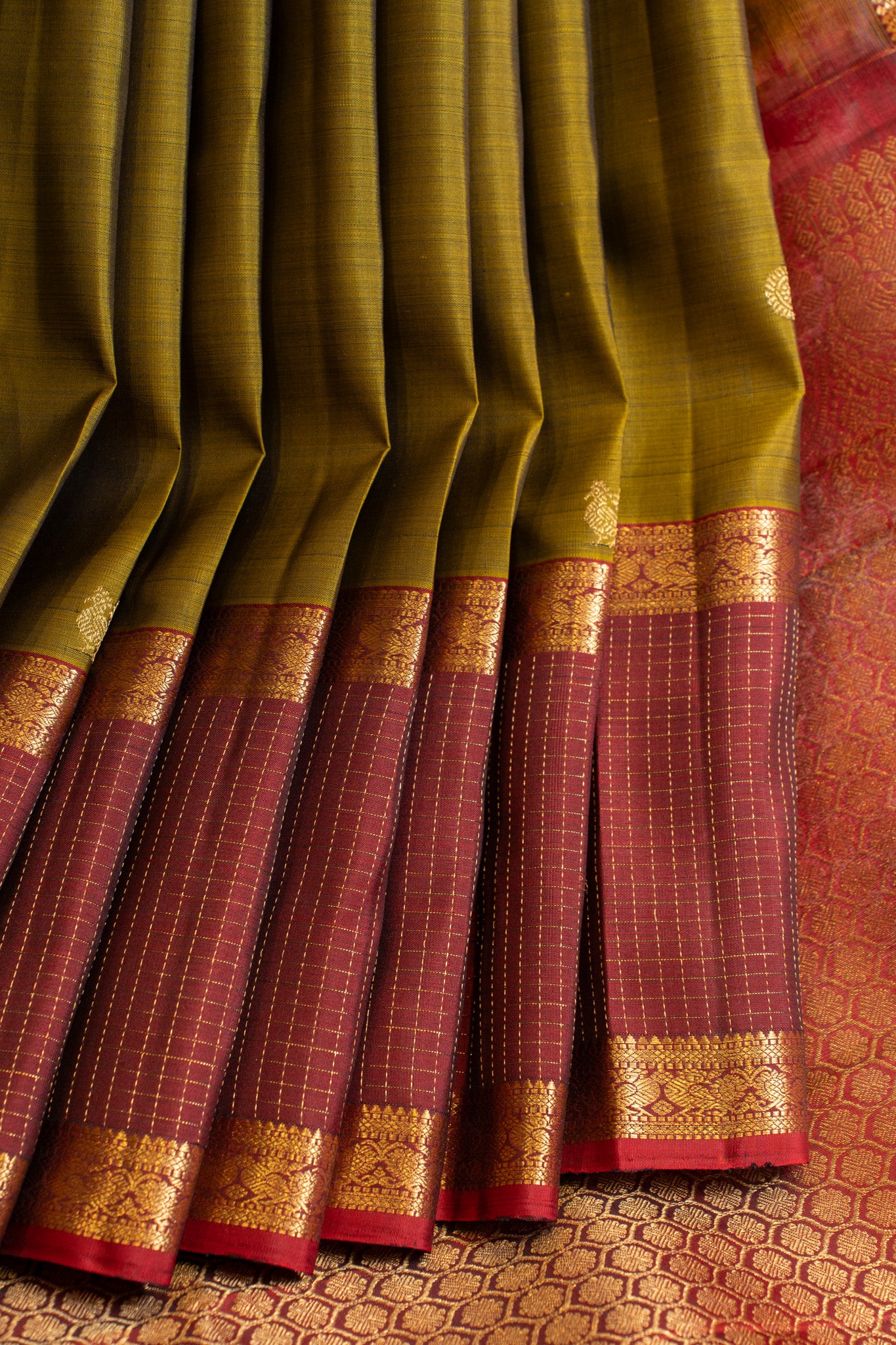 Mehendi green and maroon pure Kanchipuram silk saree