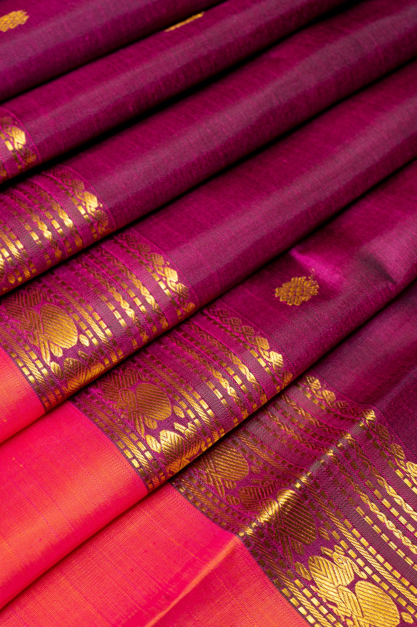 Mulberry Purple and Rust Orange Pure Kanchipuram Silk Saree - Clio Silks