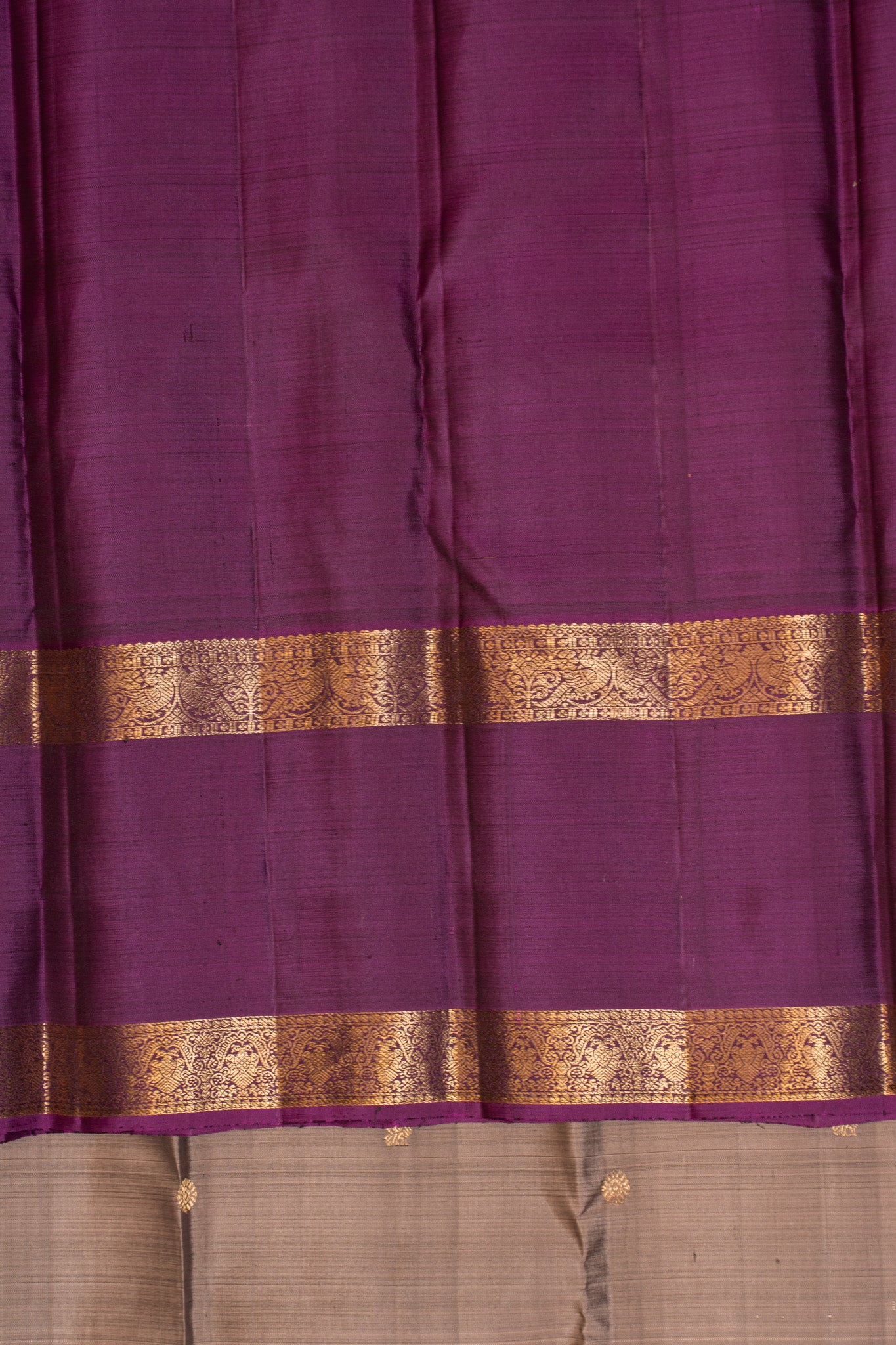 Beige and purple rettai pettu pure Kanchipuram silk saree