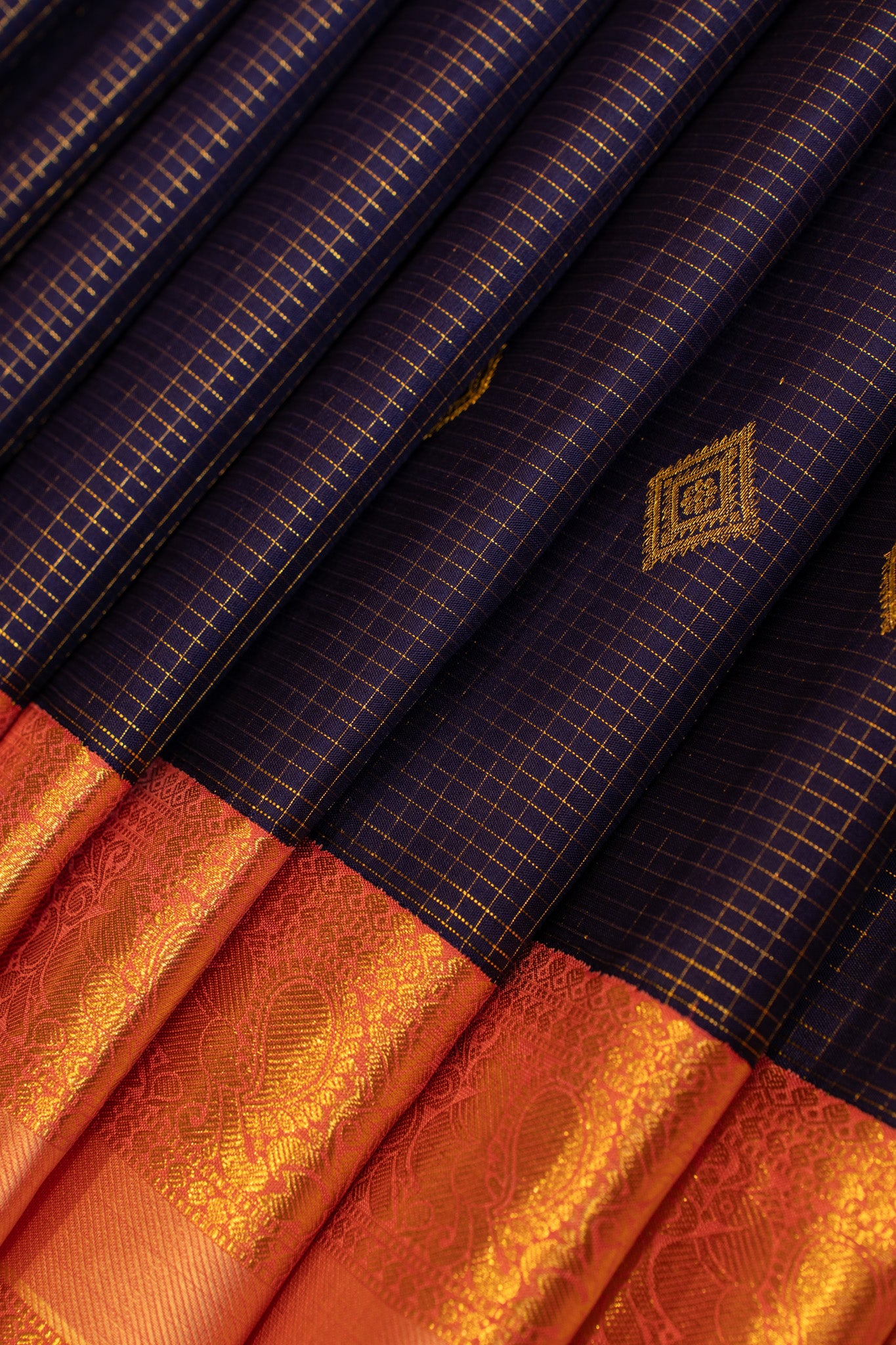 Dark blue and peach traditional pure Kanchipuram silk saree