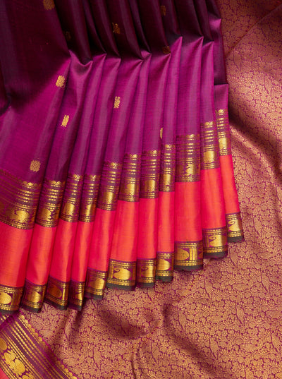 Mulberry Purple and Rust Orange Pure Kanchipuram Silk Saree - Clio Silks