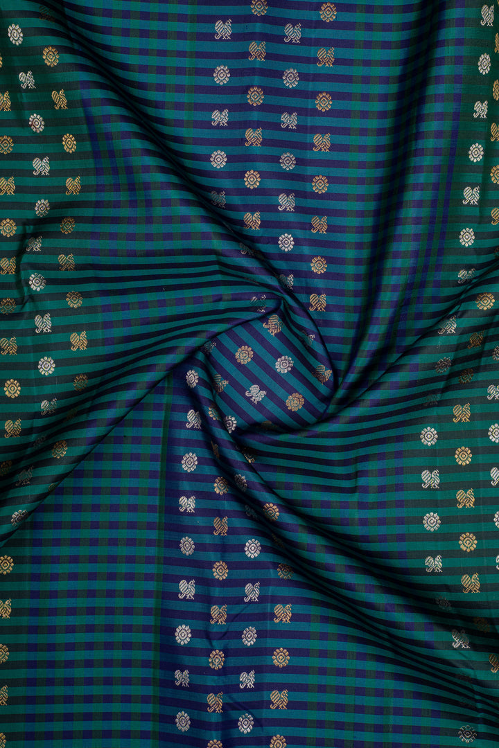 Peacock Blue Stripes &amp; Orange Paithani Border Pure Kanchipuram Silk Saree