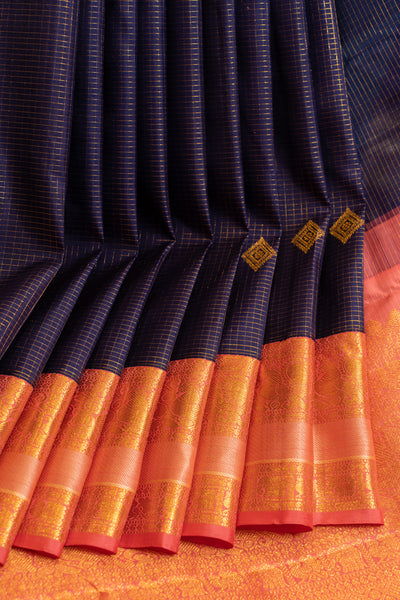 Dark blue and peach traditional pure Kanchipuram silk saree