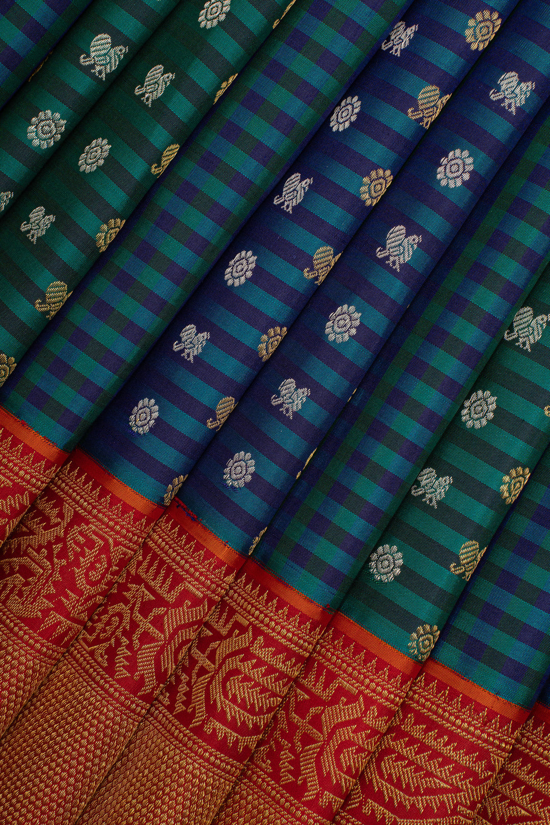 Peacock Blue Stripes &amp; Orange Paithani Border Pure Kanchipuram Silk Saree