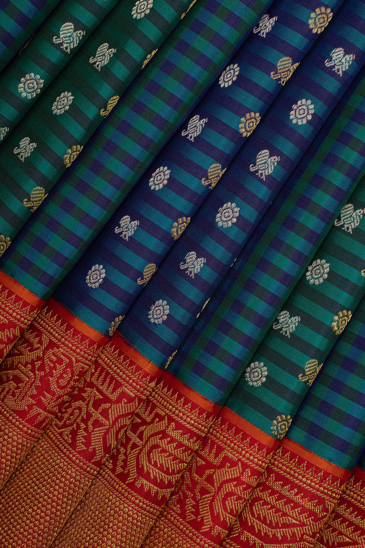 Peacock Blue Stripes &amp; Orange Paithani Border Pure Kanchipuram Silk Saree