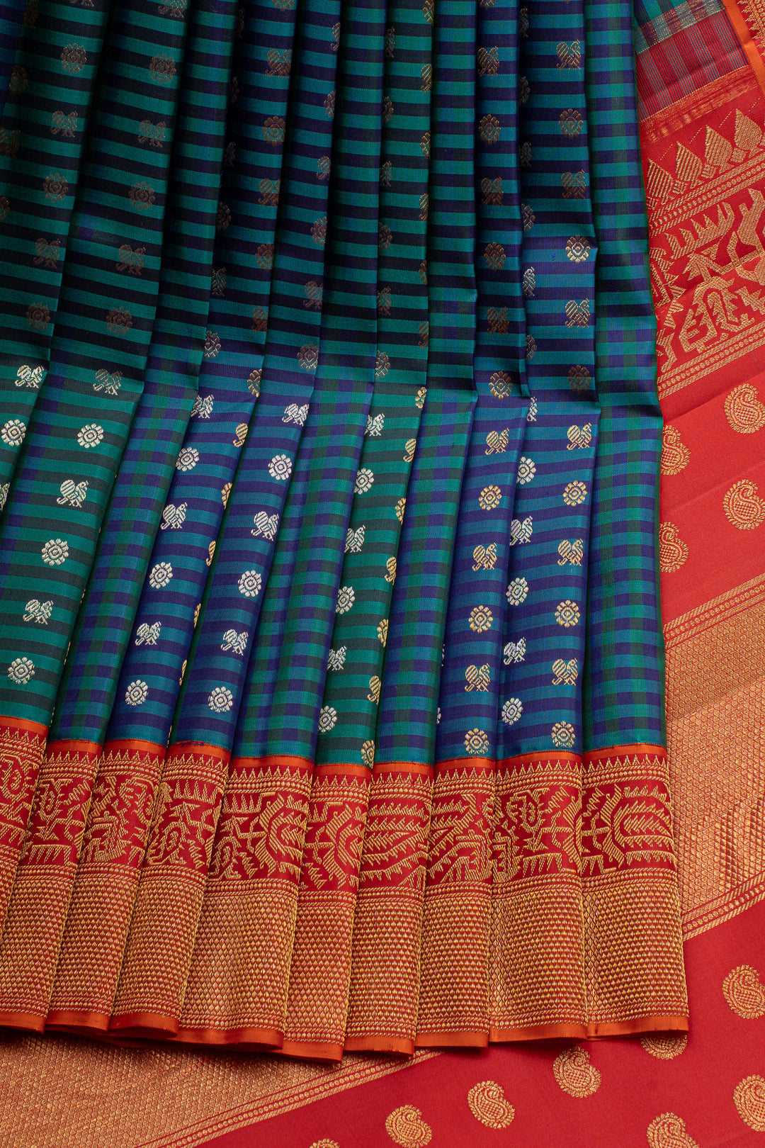 Peacock Blue Stripes &amp; Orange Paithani Border Pure Kanchipuram Silk Saree