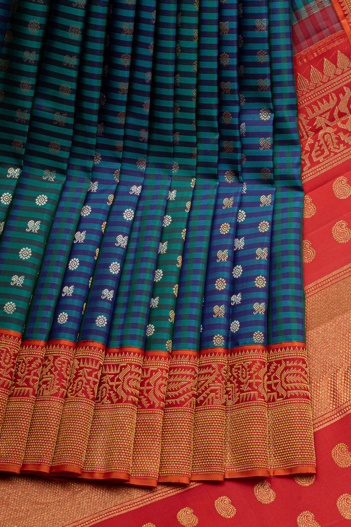 Peacock Blue Stripes &amp; Orange Paithani Border Pure Kanchipuram Silk Saree
