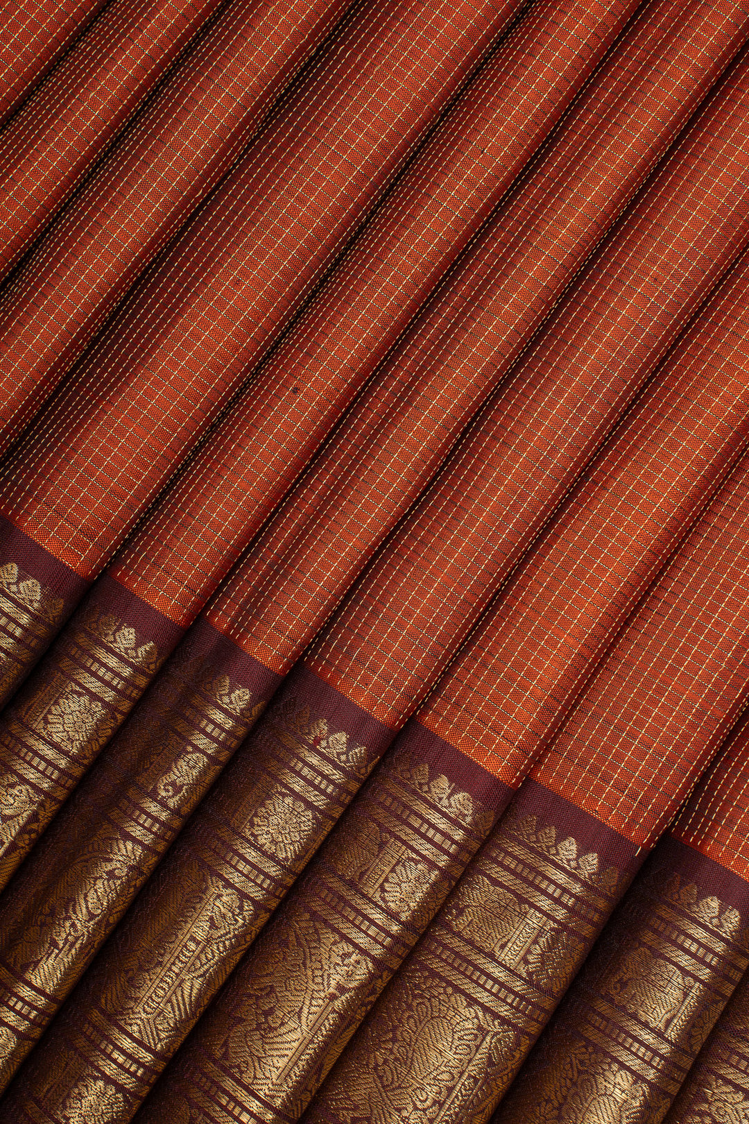 Rust Orange and Brown Zari Checks Pure Kanchipuram Silk Saree