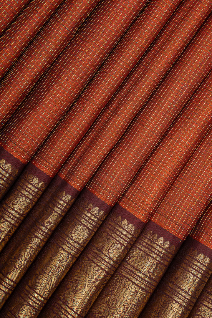 Rust Orange and Brown Zari Checks Pure Kanchipuram Silk Saree