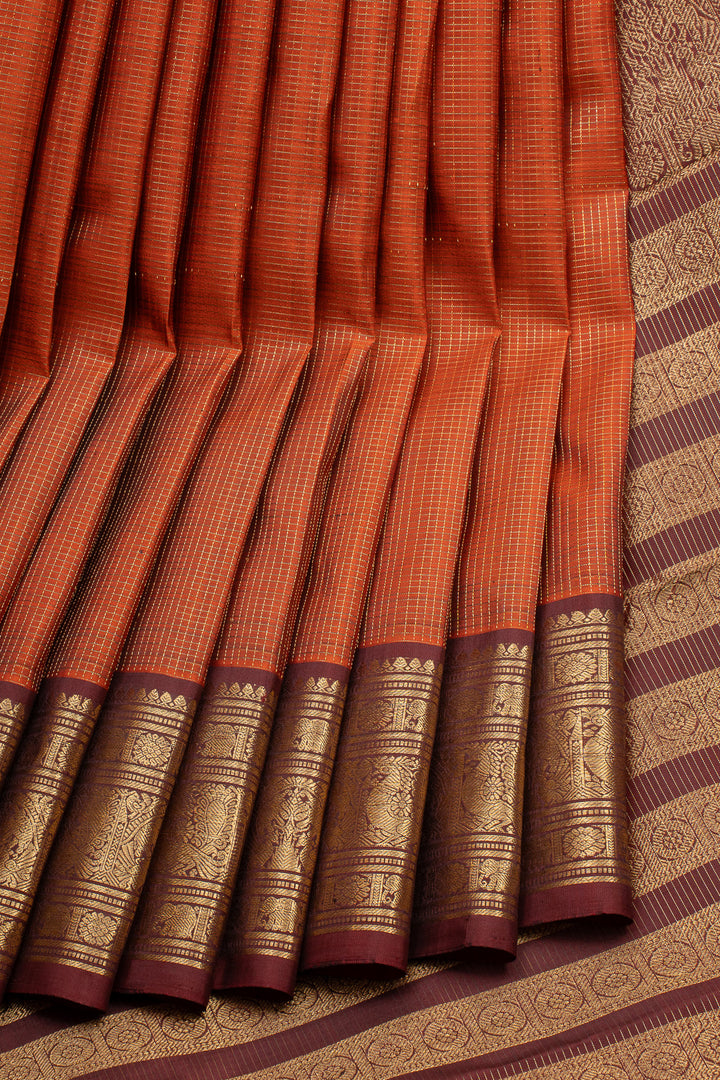 Rust Orange and Brown Zari Checks Pure Kanchipuram Silk Saree