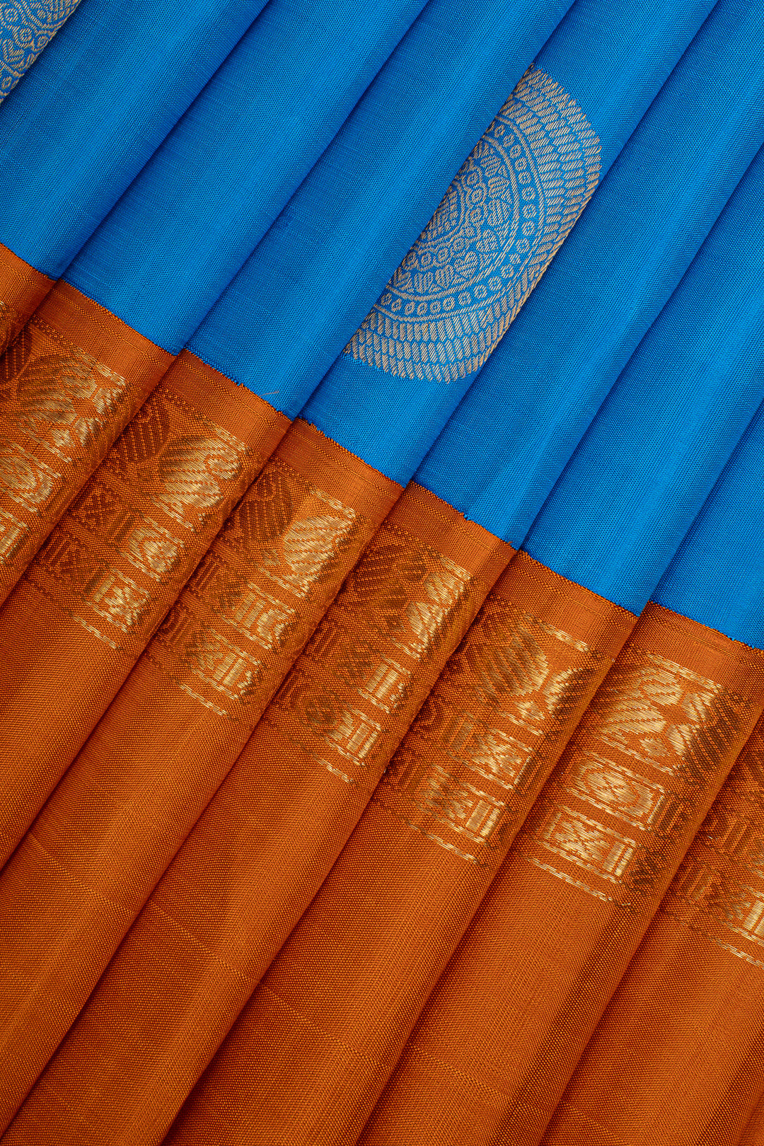 Vintage Blue &amp; Rust Orange Pure Kanchipuram Silk Saree