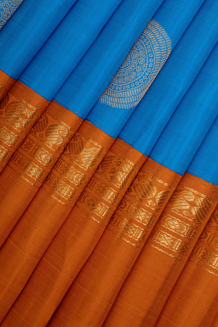 Vintage Blue &amp; Rust Orange Pure Kanchipuram Silk Saree