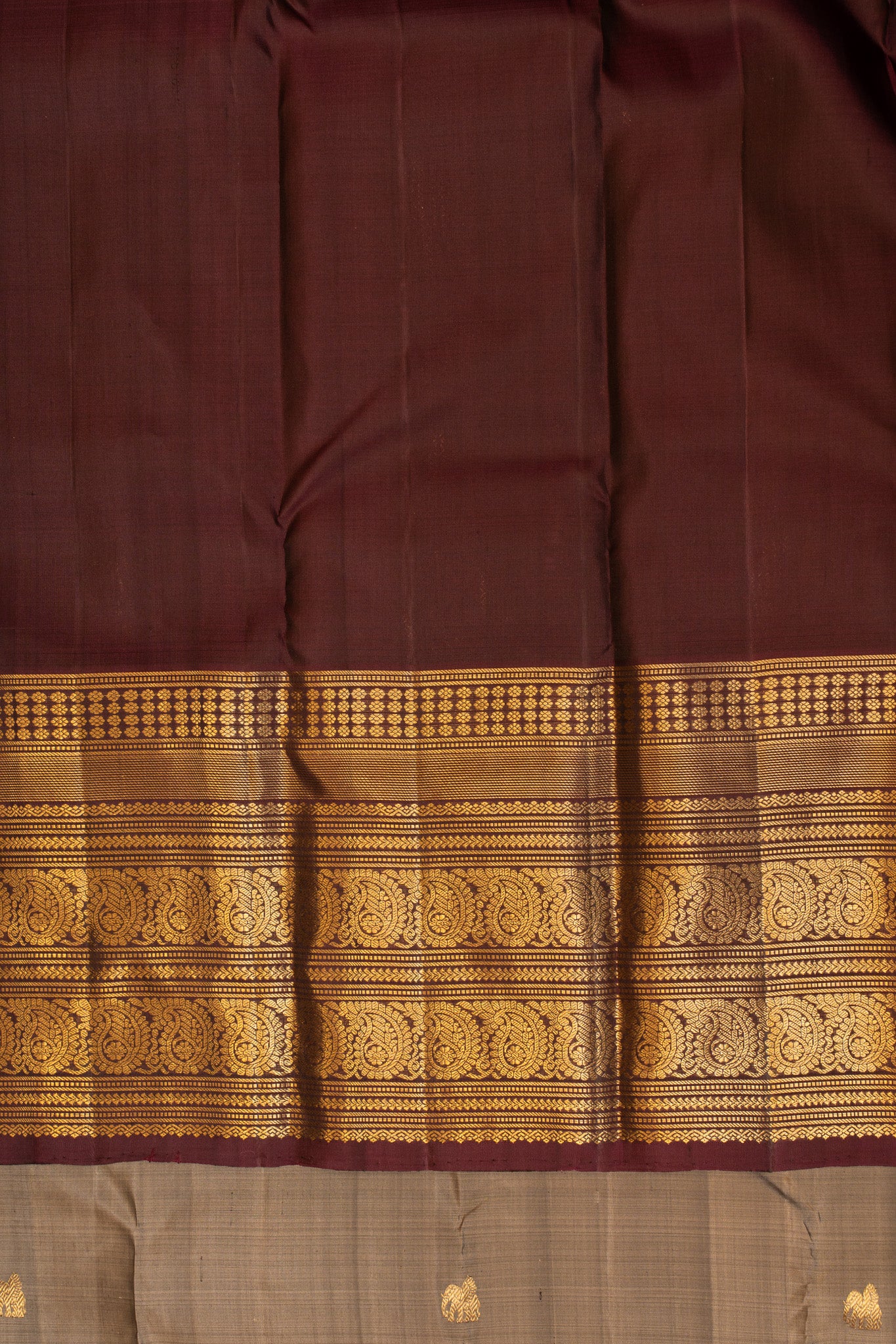 Grey and maroon varisaipettu pure Kanchipuram silk saree