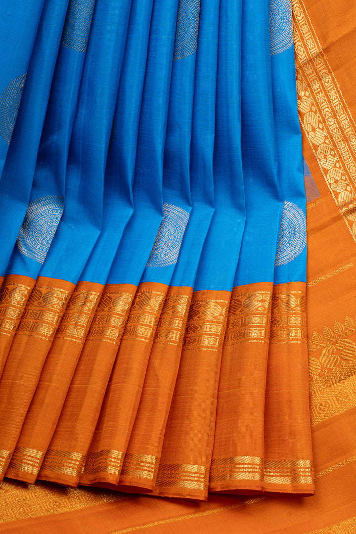 Vintage Blue &amp; Rust Orange Pure Kanchipuram Silk Saree