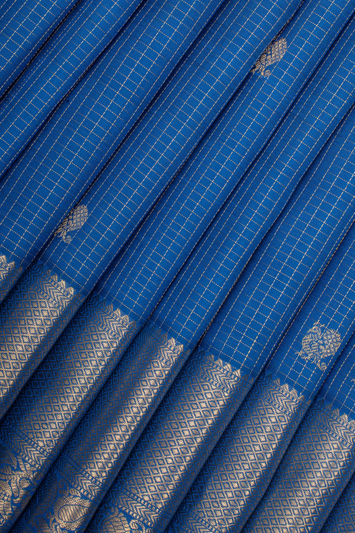 Peacock Blue Zari Checks Pure Kanchipuram Silk Saree