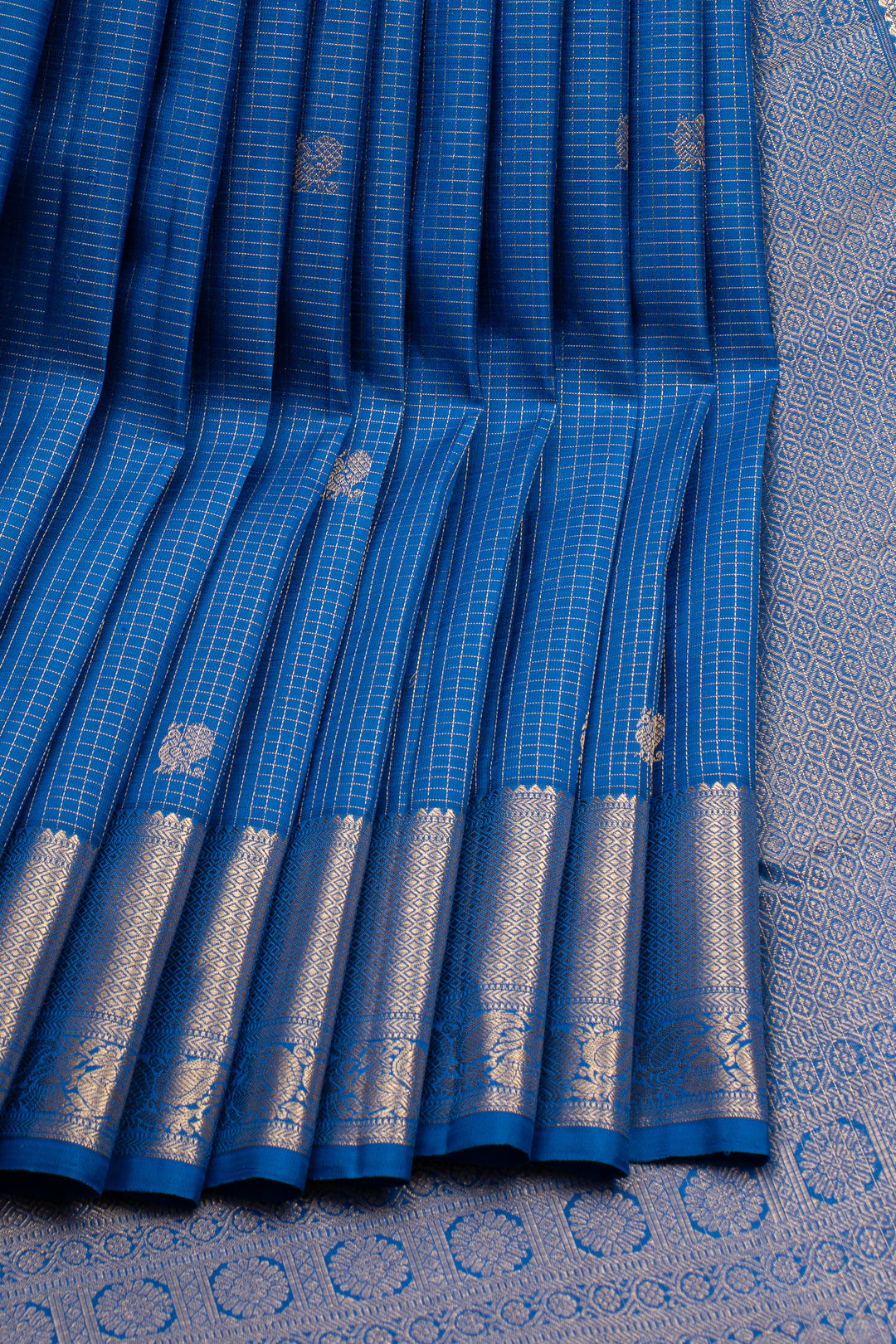 Peacock Blue Zari Checks Pure Kanchipuram Silk Saree