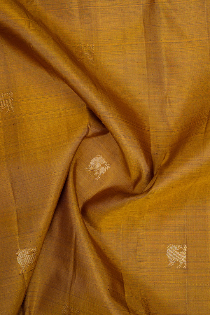 Mustard and Peacock Blue Stripes Pure Kanchipuram Silk Saree