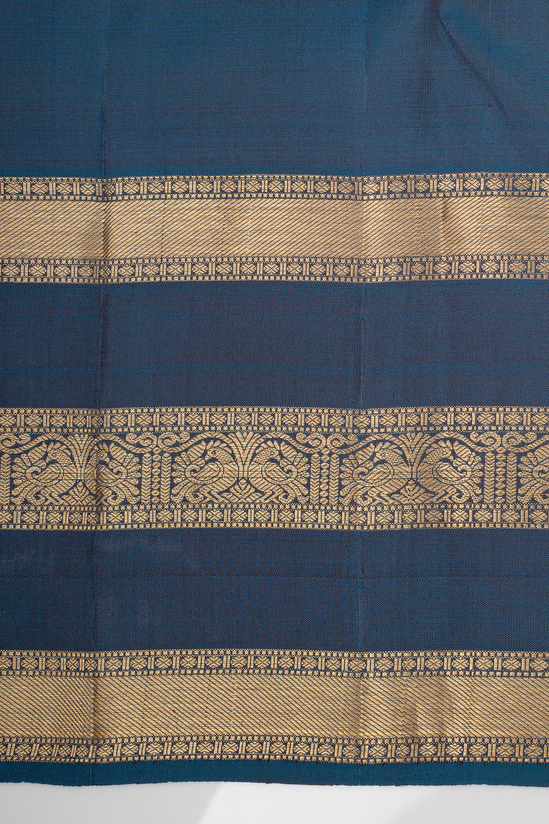 Mustard and Peacock Blue Stripes Pure Kanchipuram Silk Saree