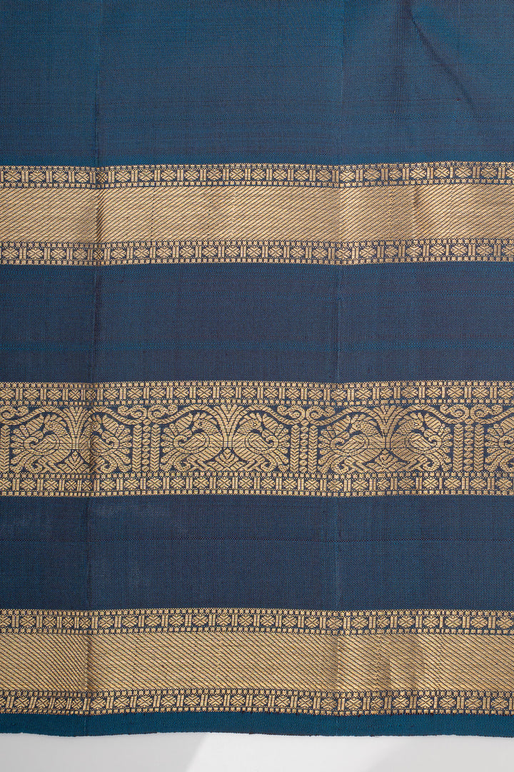 Mustard and Peacock Blue Stripes Pure Kanchipuram Silk Saree