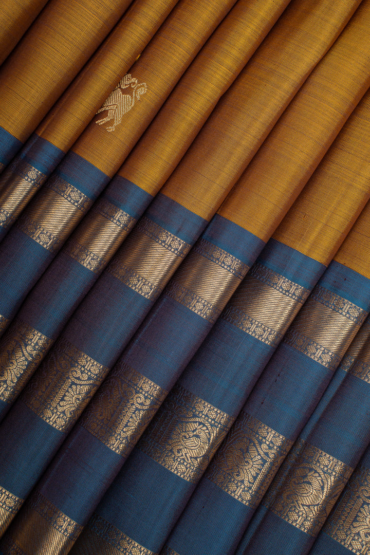 Mustard and Peacock Blue Stripes Pure Kanchipuram Silk Saree