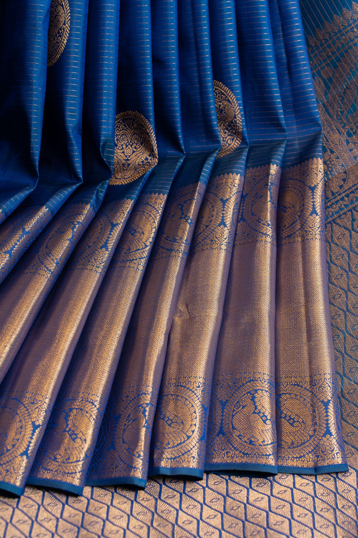 Peacock blue vairaoosi stripes pure Kanchipuram silk saree