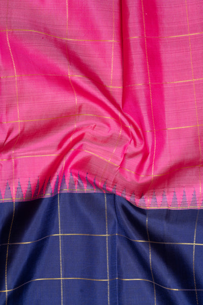 Pink and Navy Blue Half and Half Checks Kanjivaram Silk Sari - Clio Silks