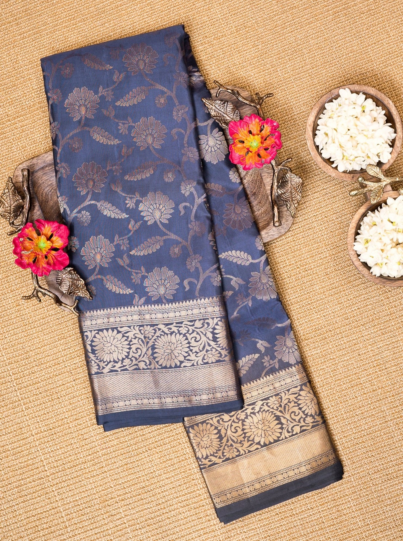 Navy Blue Floral Brocade Pure Kanchipuram Silk Saree - Clio Silks