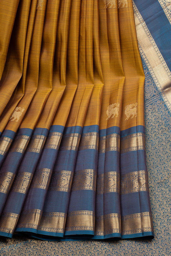 Mustard and Peacock Blue Stripes Pure Kanchipuram Silk Saree