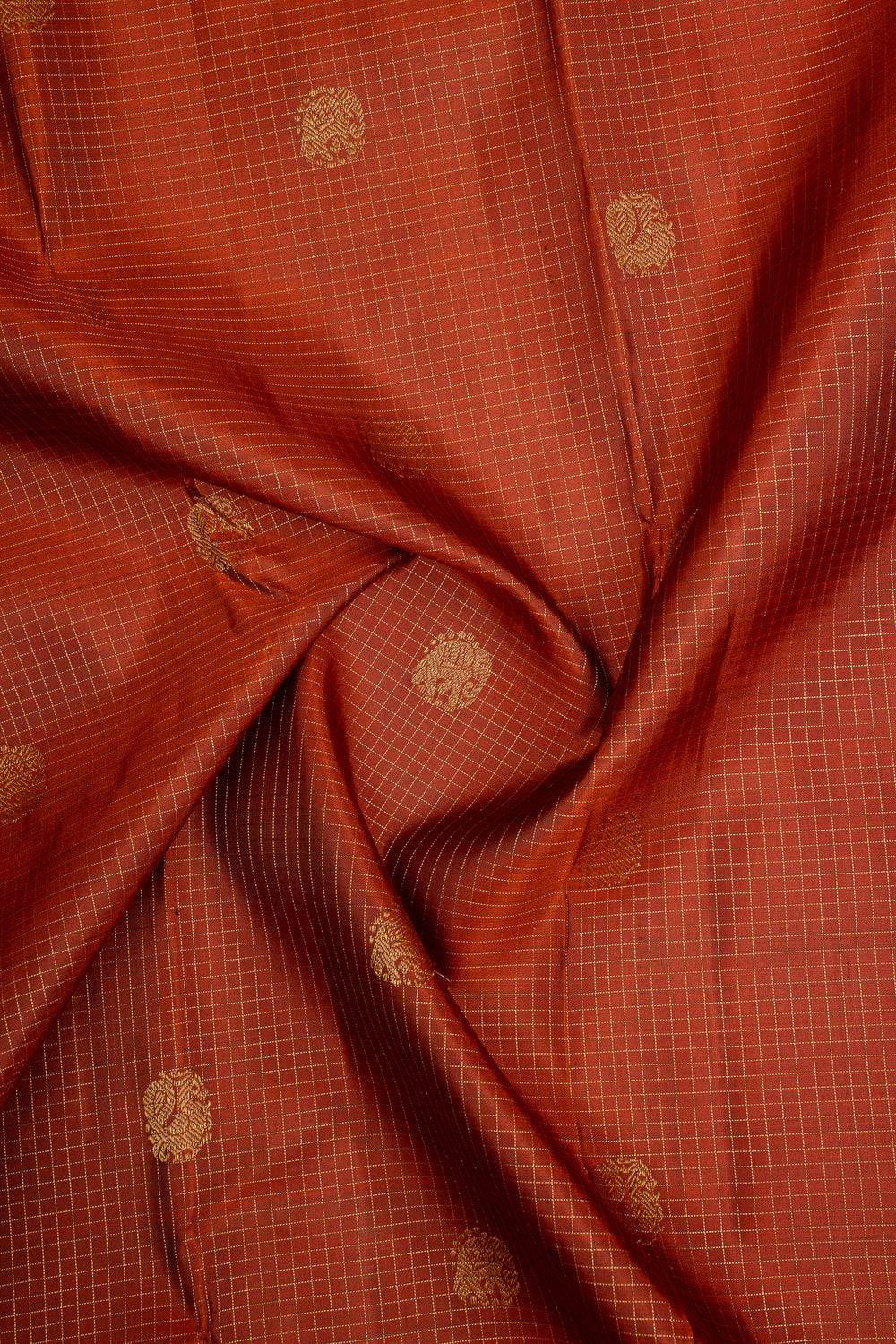 Rust Orange and Brown Zari Checks Rettai Pettu Pure Kanchipuram Silk Saree