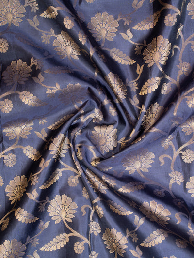 Navy Blue Floral Brocade Pure Kanchipuram Silk Saree - Clio Silks