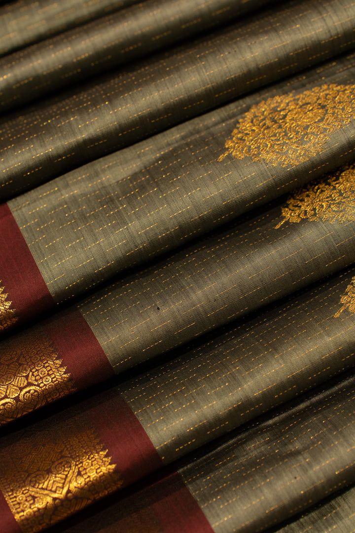 Grey and maroon raindrop motifs traditional pure Kanchipuram Silk saree