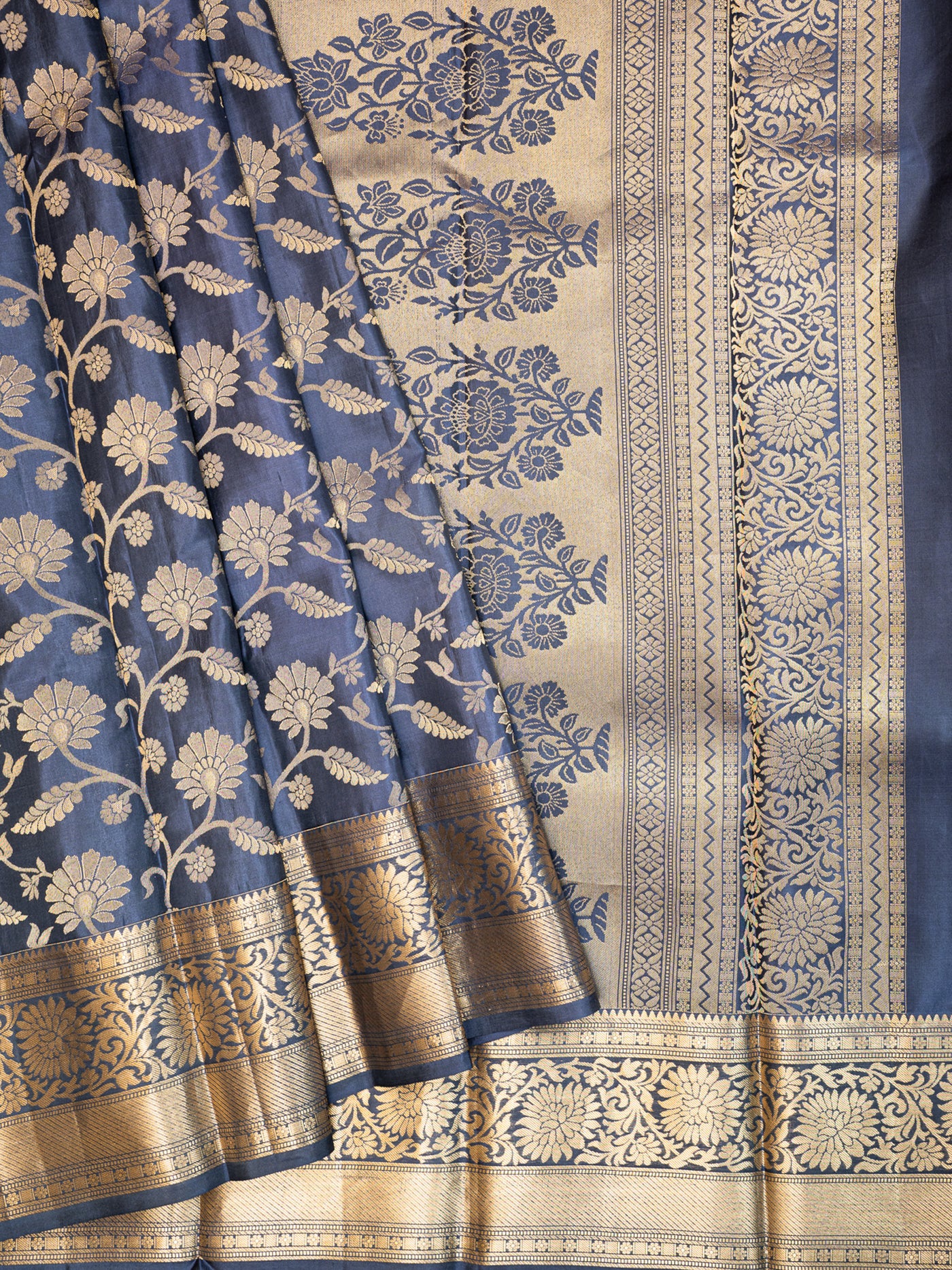 Navy Blue Floral Brocade Pure Kanchipuram Silk Saree - Clio Silks