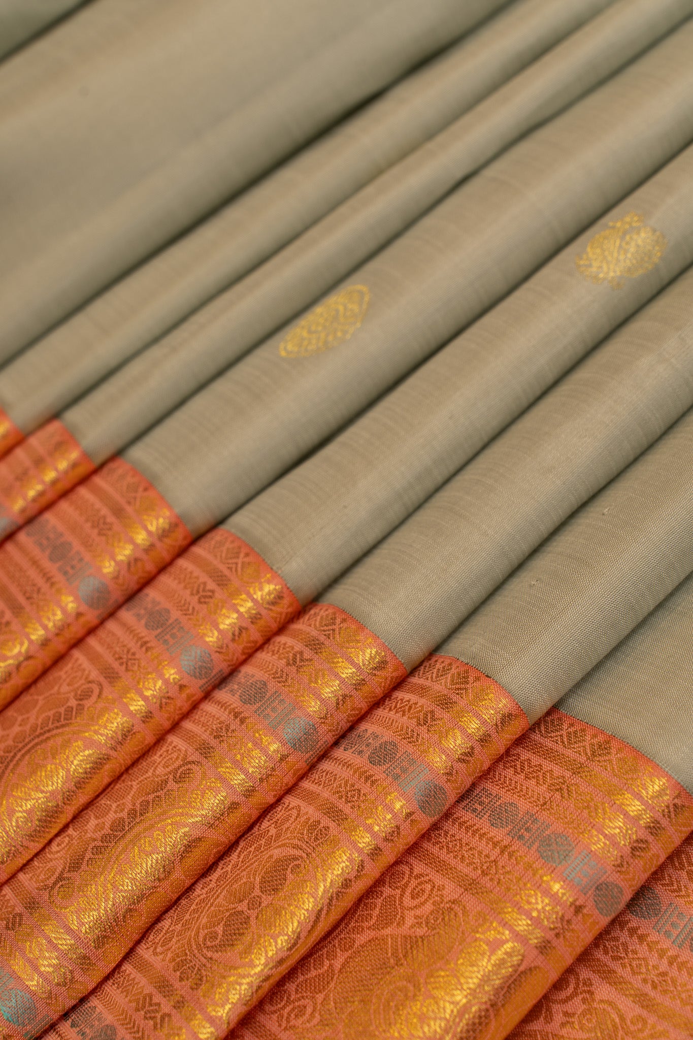 Pewter blue and orange pure Kanchipuram silk saree