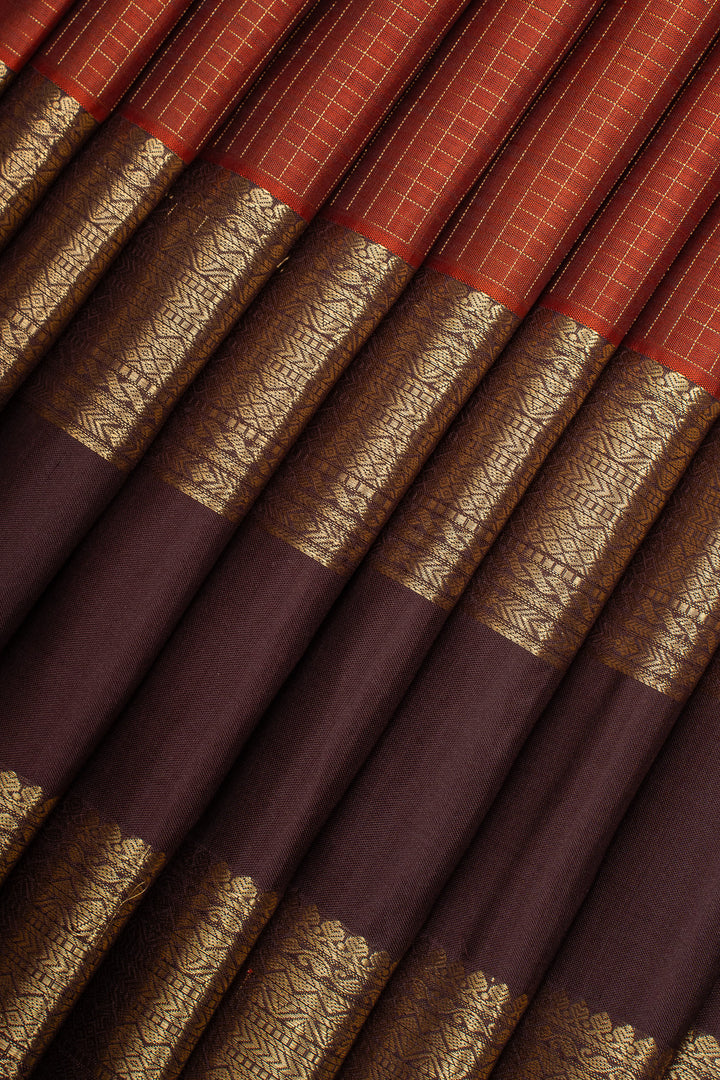 Rust Orange and Brown Zari Checks Rettai Pettu Pure Kanchipuram Silk Saree