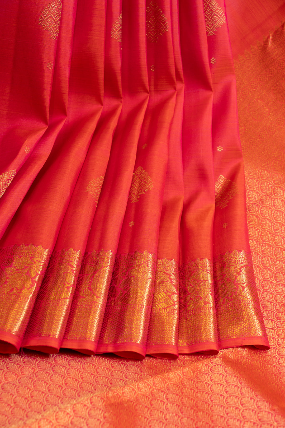Peach orange thilakam pure Kanchipuram silk saree
