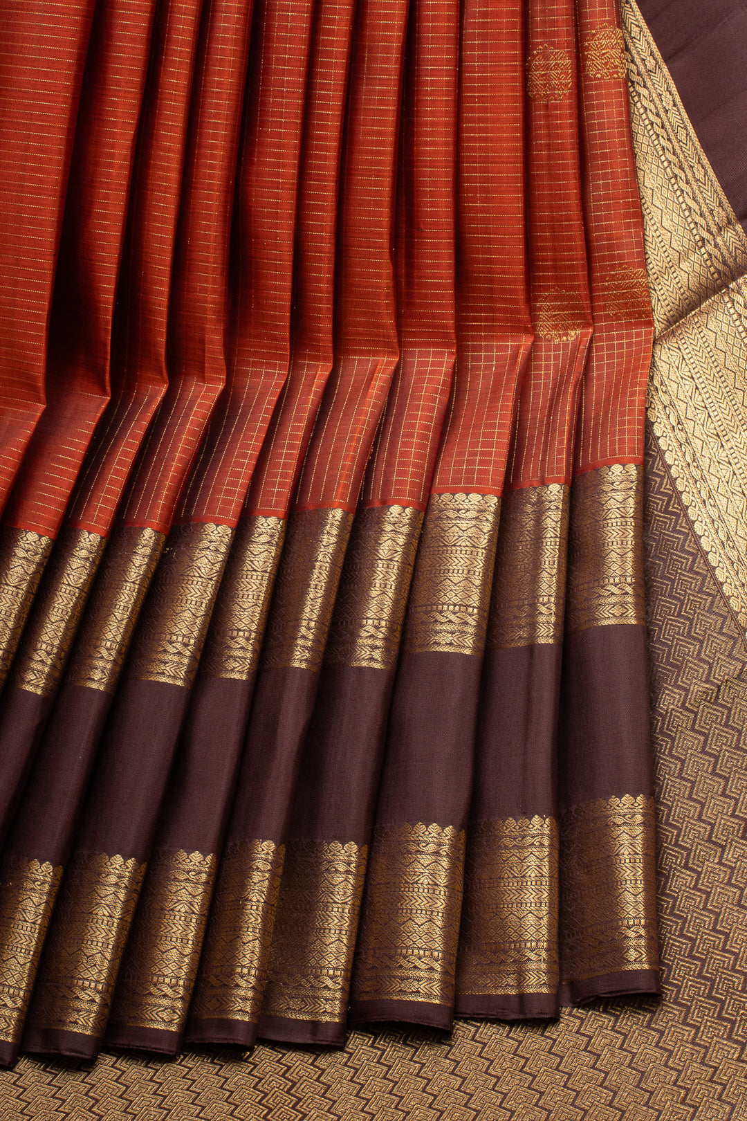 Rust Orange and Brown Zari Checks Rettai Pettu Pure Kanchipuram Silk Saree