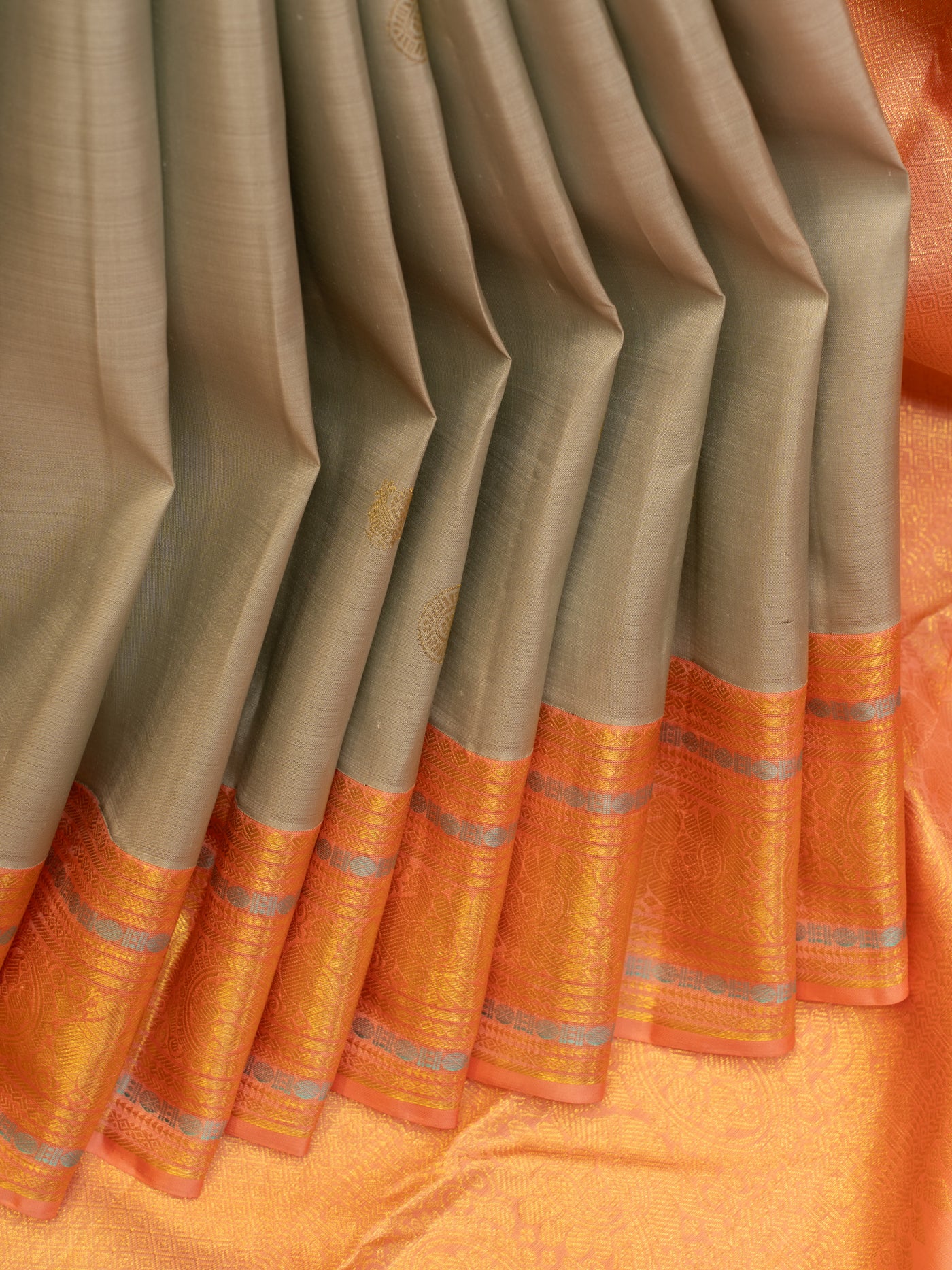 Pewter blue and orange pure Kanchipuram silk saree