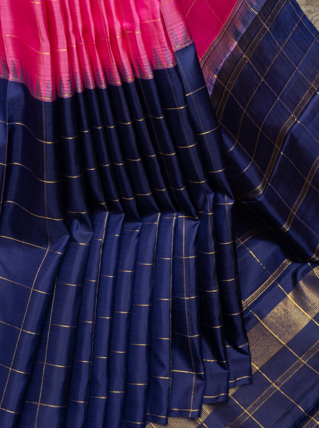 Pink and Navy Blue Half and Half Checks Kanjivaram Silk Sari - Clio Silks