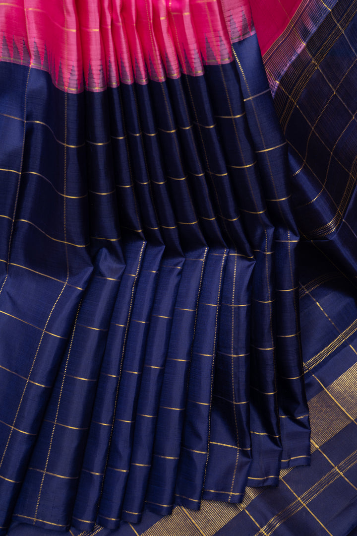Pink and Navy Blue Half and Half Checks Kanjivaram Silk Sari - Clio Silks