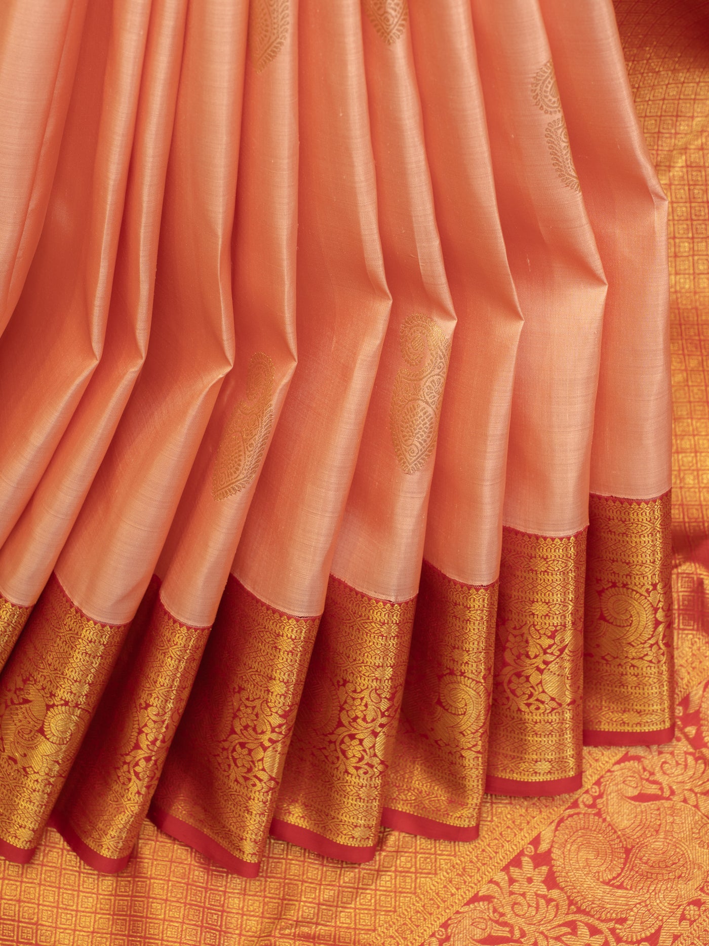 Flamingo pink and red traditional pure Kanchipuram silk saree