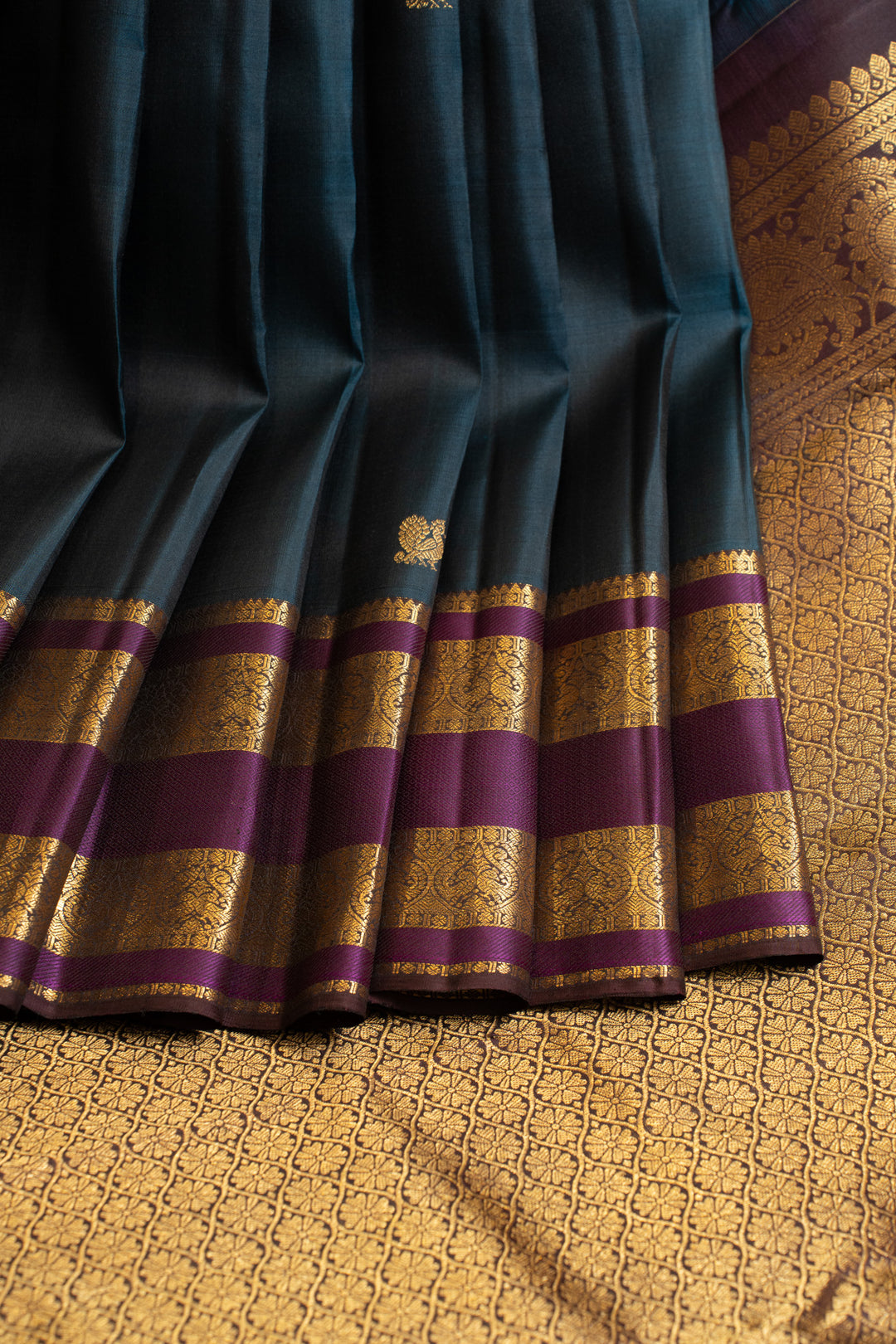 Peacock blue and purple pure Kanchipuram silk saree