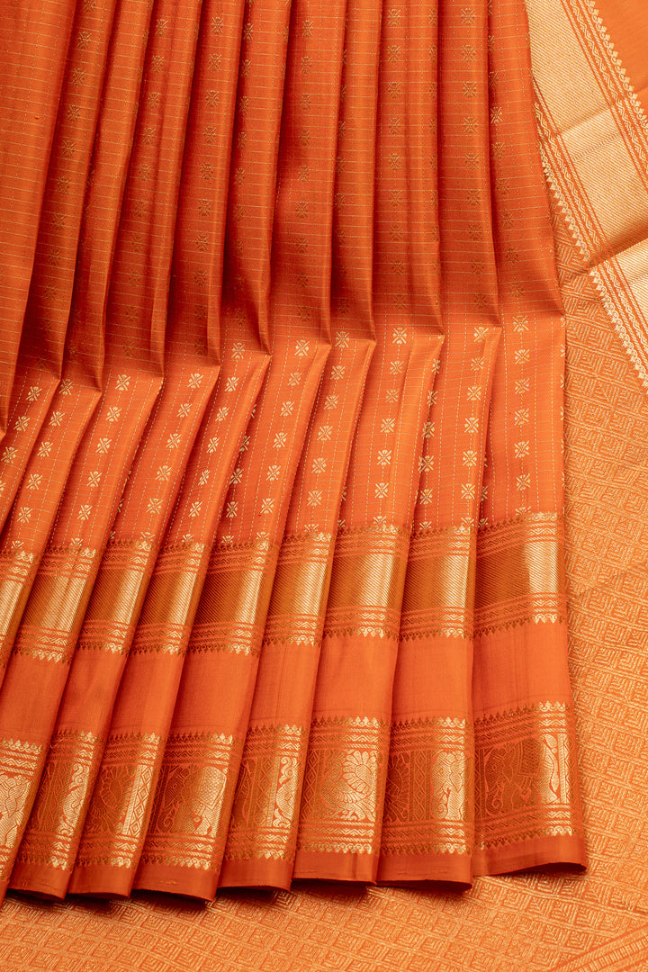 Rust Orange Stripes Pure Kanchipuram Silk Saree