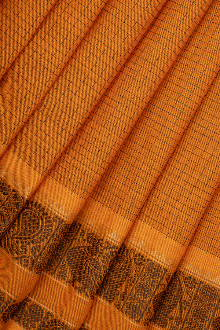 Mustard Checks Pure Cotton Saree