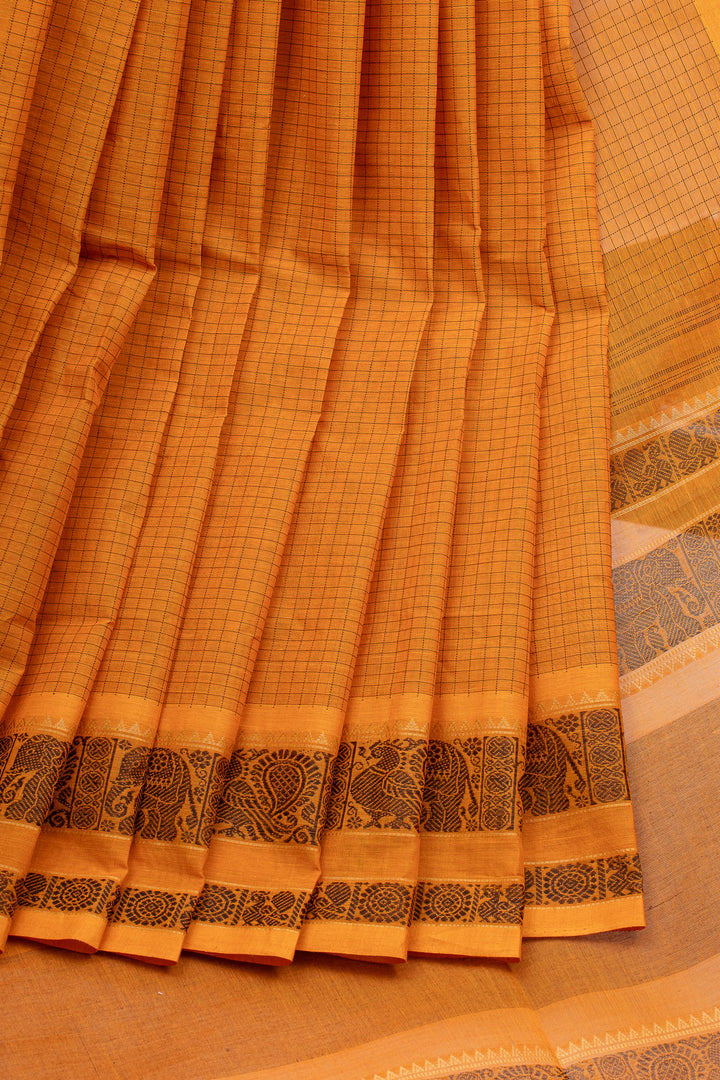 Mustard Checks Pure Cotton Saree