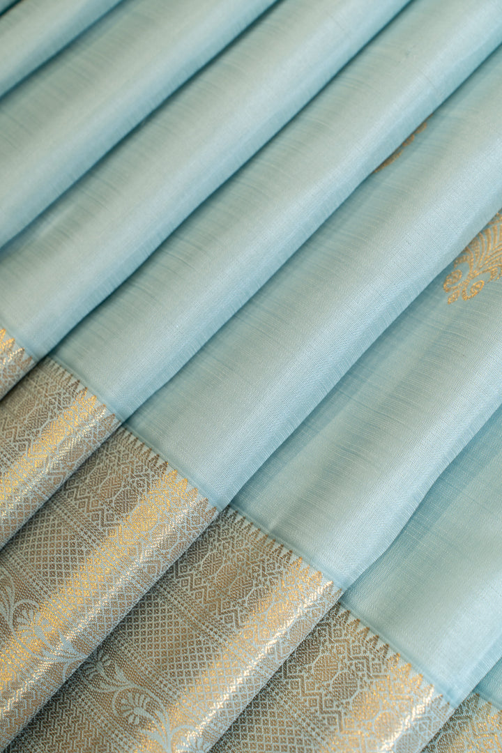 Pastel blue and gold traditional pure Kanchipuram silk saree