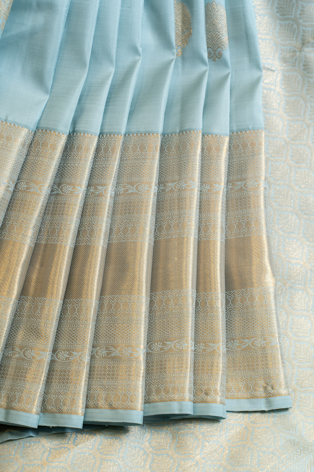 Pastel blue and gold traditional pure Kanchipuram silk saree