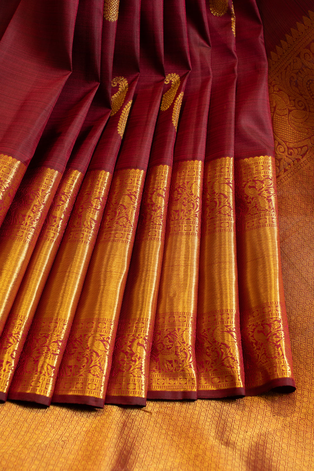 Maroon paisley pure Kanchipuram silk saree