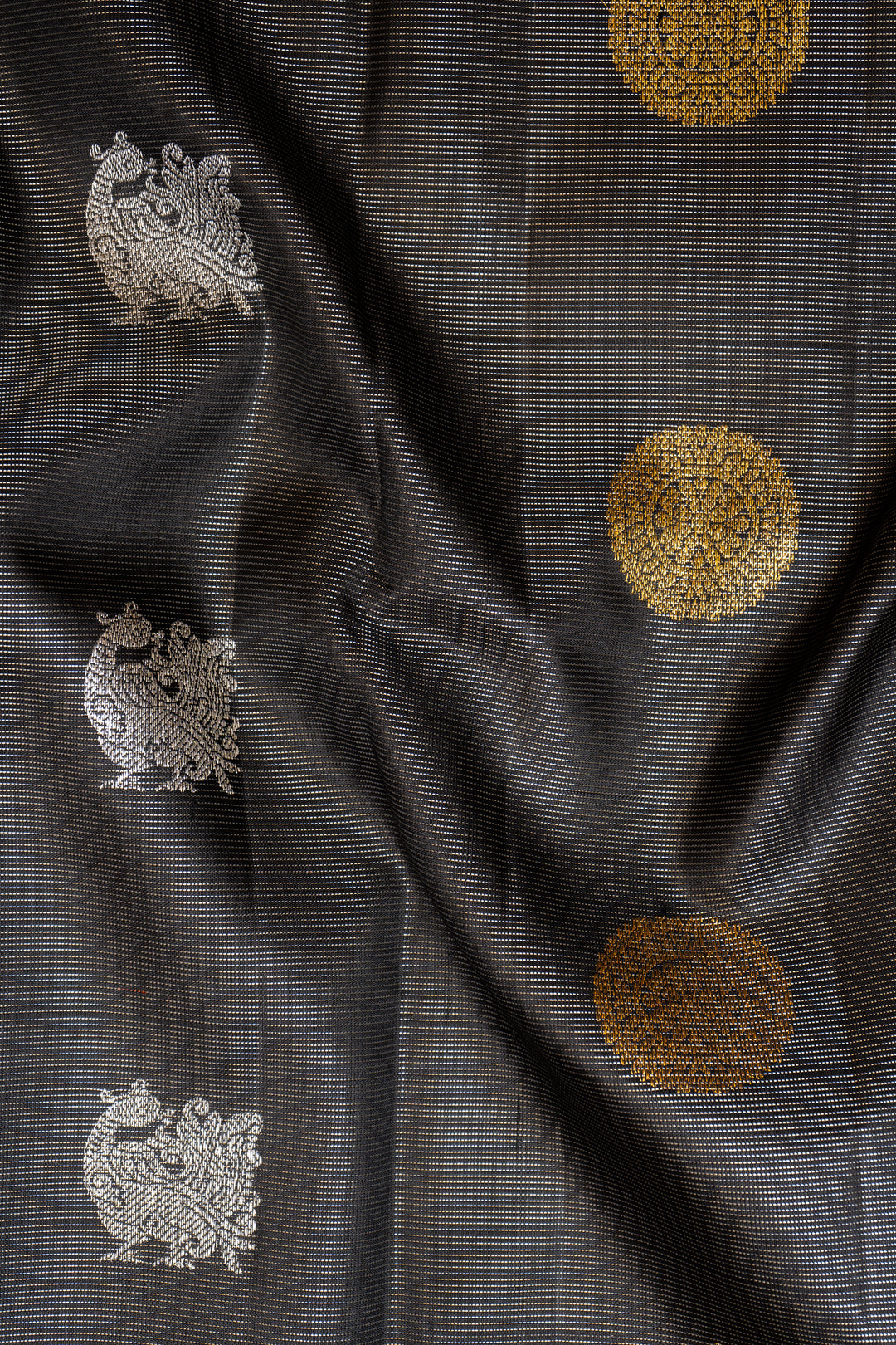 Black and Silver Zari Stripes Pure Kanchipuram Silk Saree - Clio Silks