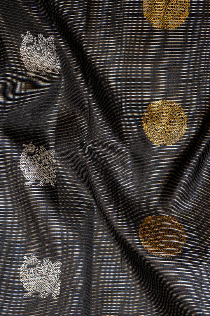 Black and Silver Zari Stripes Pure Kanchipuram Silk Saree - Clio Silks